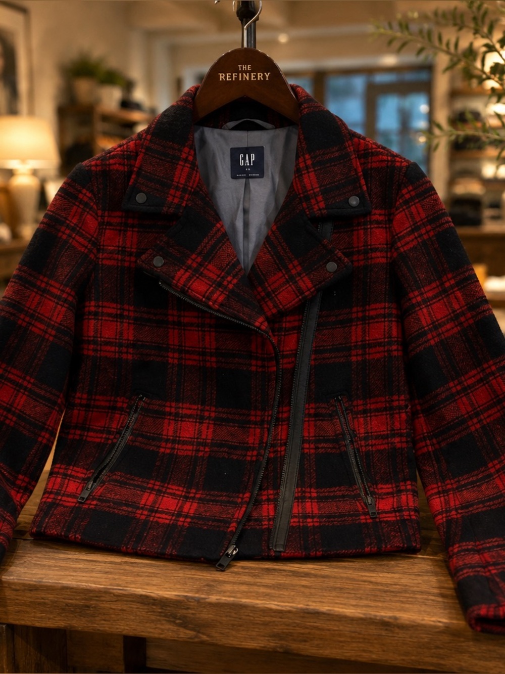 GAP- Indonesia Red and Black Plaid wool buffalo check Moto Coat